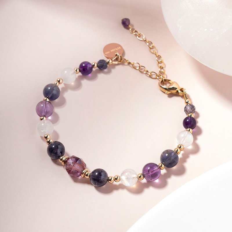 Purple ghost cordierite amethyst moonstone 14K gold-filled crystal bracelet gift - สร้อยข้อมือ - คริสตัล สีม่วง