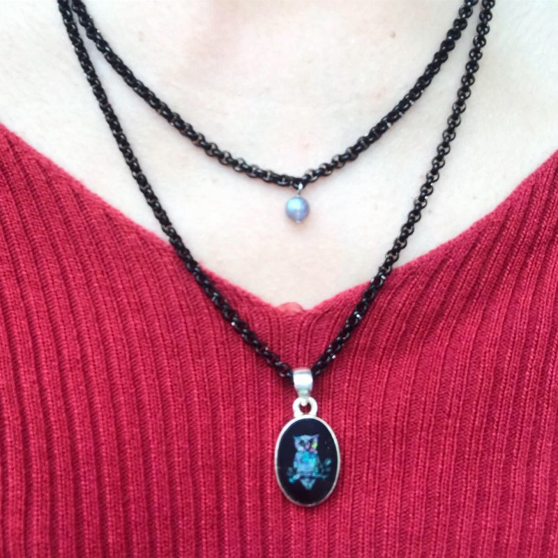 【Lost and find】天然石 opal 澳寶 月下 貓頭鷹 項鍊 - 項鍊 - 寶石 藍色
