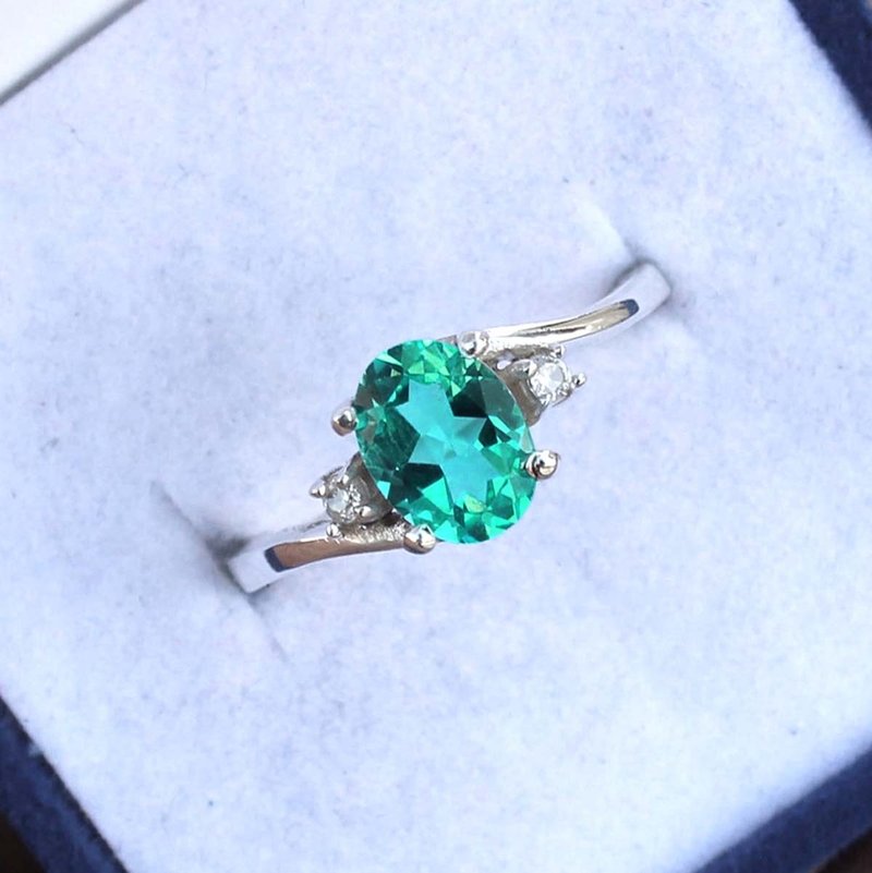 9 x 7 mm ฺBlue green genuine topaz ring silver sterling 925 size 7.0 free resize - 戒指 - 純銀 綠色