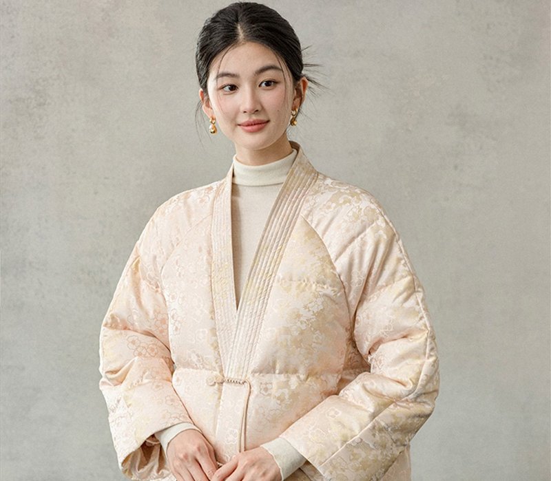 新中式中國風 90鴨絨提花羽絨服 - 女上衣/長袖上衣 - 羽絨 粉紅色