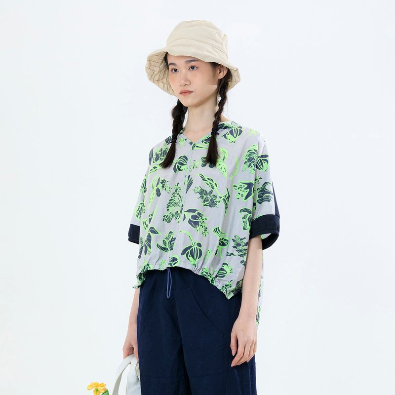 遍地開花局部拼接印花上衣 - 女上衣/長袖上衣 - 棉．麻 多色