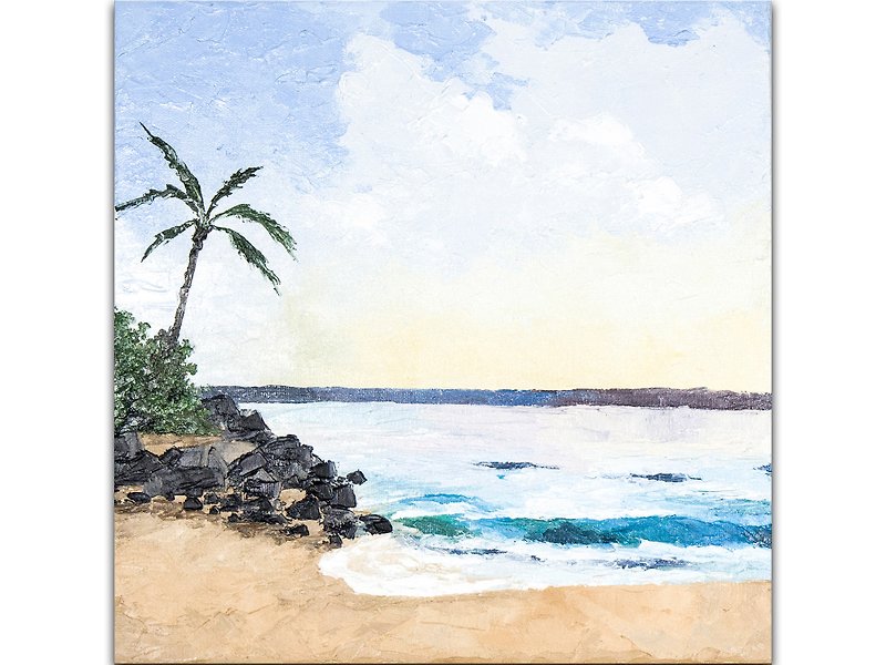 Maui Beach Painting Seascape Original Art Palm Tree Original Oil Painting - โปสเตอร์ - วัสดุอื่นๆ สีน้ำเงิน