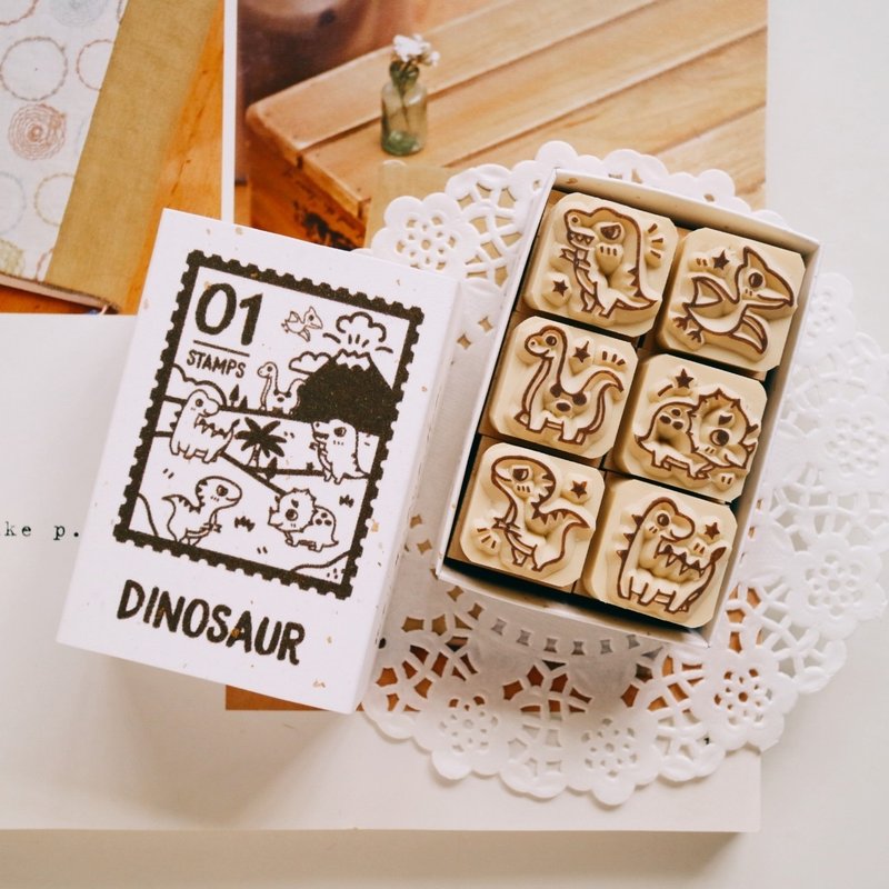 Handbook stamp-V01 Dinosaur series matchbox small seal 2X2cm (6 styles) - ตราปั๊ม/สแตมป์/หมึก - ยาง สีนำ้ตาล