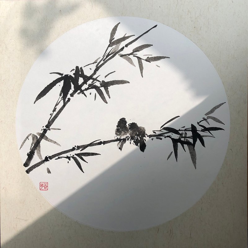 竹林泣き鳥中国絵画オリジナル水墨画 - ポスター・絵 - 紙 ブラック
