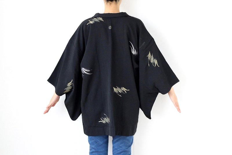 glitter abstract kimono, Japanese silk haori, Japanese kimono /3779 - Women's Casual & Functional Jackets - Silk Black