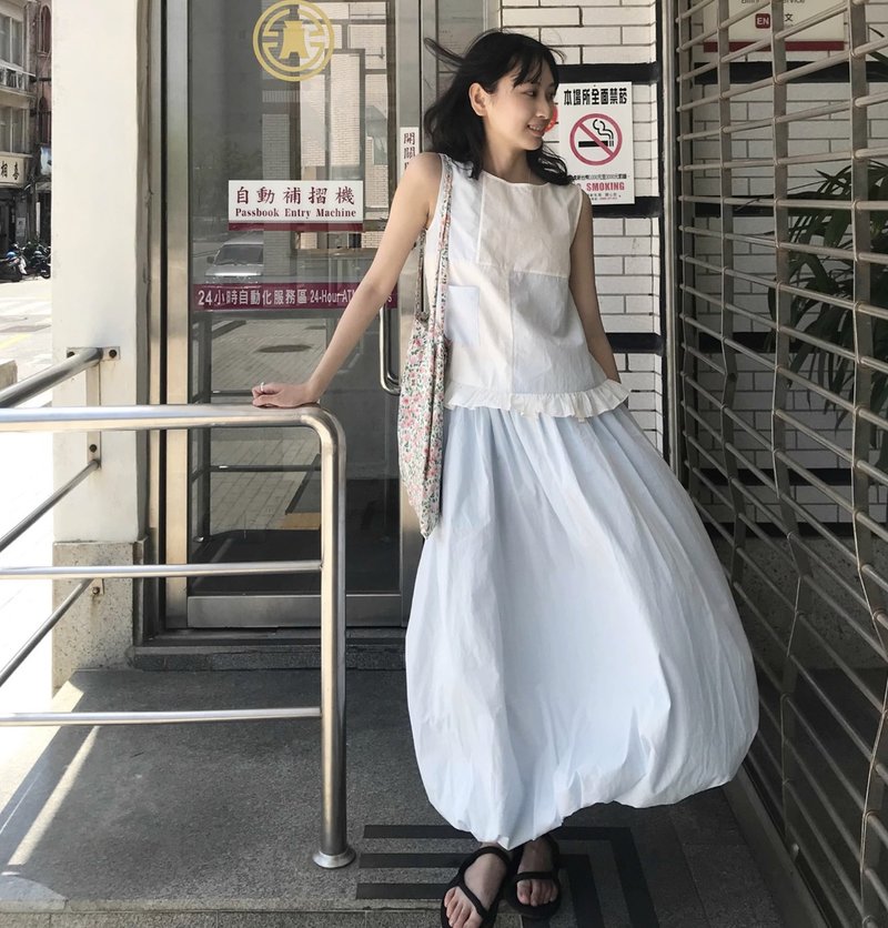 Baby藍 暗紋格子長褲 花苞裙背心套裝 可客製 - 女上衣/長袖上衣 - 其他材質 多色