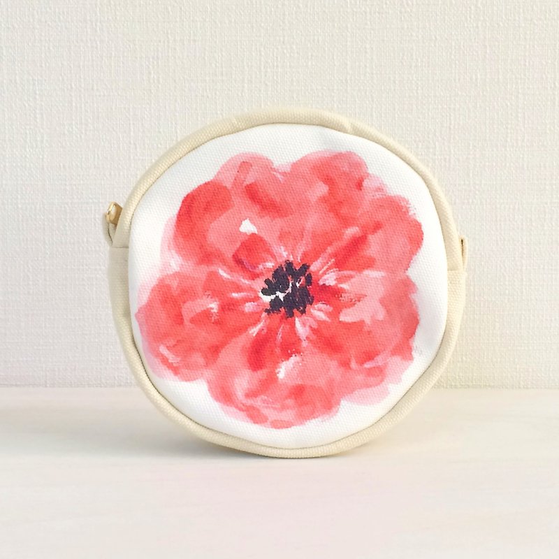 Bloom Flower Circle Pouch Floral Pattern Red - กระเป๋าเครื่องสำอาง - ผ้าฝ้าย/ผ้าลินิน สีแดง