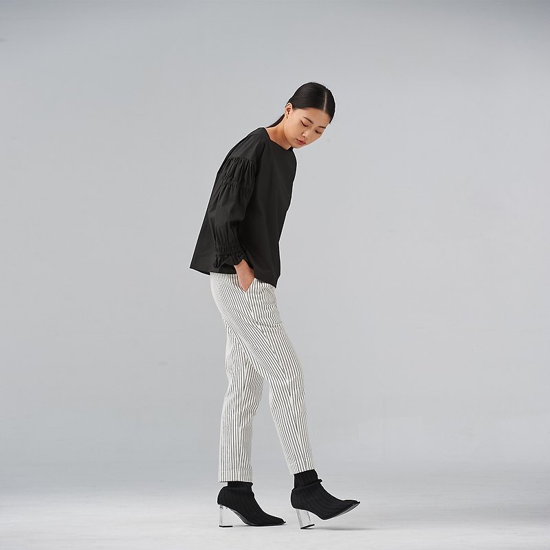 Black-white striped tapered pants - กางเกงขายาว - ผ้าฝ้าย/ผ้าลินิน ขาว