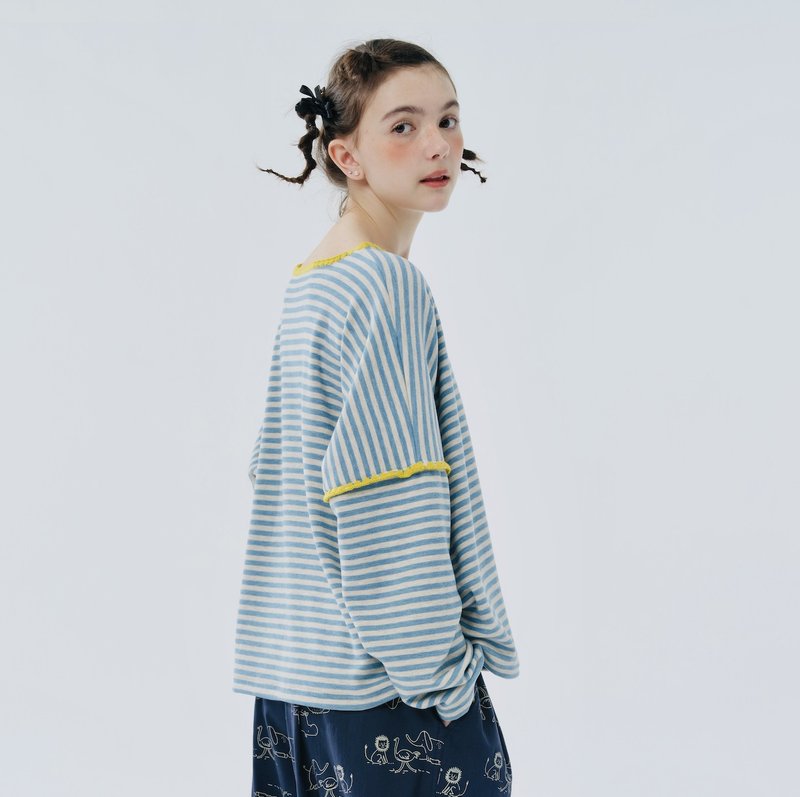 Shell lace warm cotton blue striped long-sleeved top - เสื้อผู้หญิง - ผ้าฝ้าย/ผ้าลินิน สีน้ำเงิน