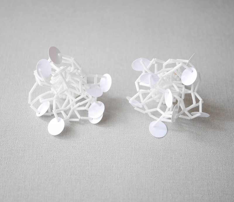 tsububu/bead embroidery/fusa [small]/ Clip-On/earrings/one ear/both ears/white - ต่างหู - งานปัก ขาว