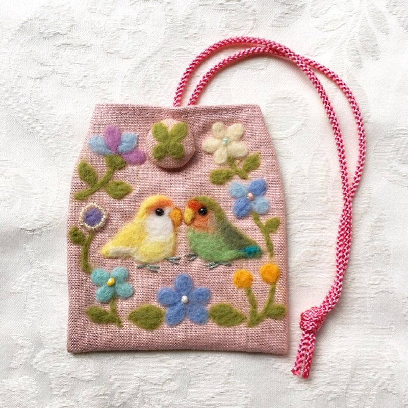 amulet bag of two lovebirds - Other - Cotton & Hemp Pink