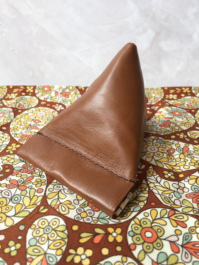 PY84-金字塔形狀咖啡色皮革彈片零錢包 - 散紙包 - 真皮 咖啡色