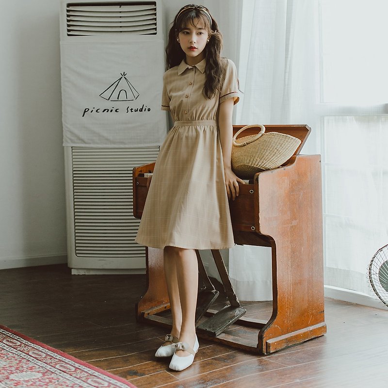 Anne Chen 2018 summer new style women's cuffs contrast color ribbon plaid dress dress - One Piece Dresses - Other Man-Made Fibers Khaki