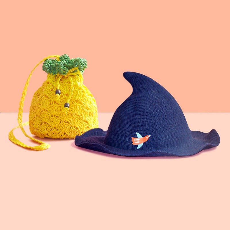Knitted witch hat fisherman hat + woven pineapple bucket bag blessing bag gift - Hats & Caps - Cotton & Hemp Blue