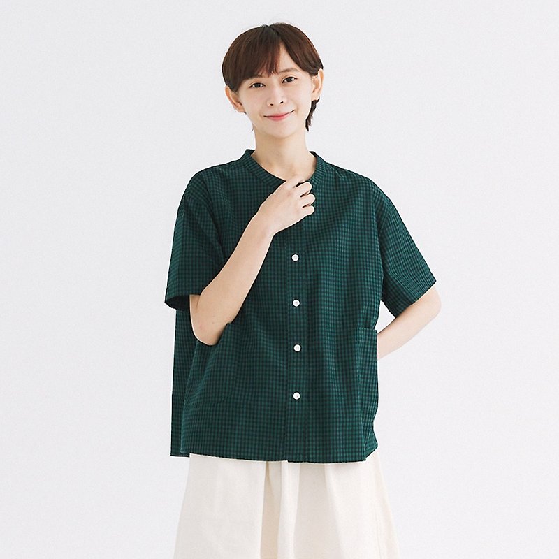 【Simply Yours】 Linen and Linen Check Pocket Shirt Green F - Women's Shirts - Cotton & Hemp Green