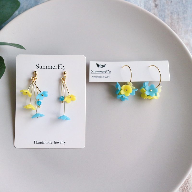 Don't be sad refurbished a c-shaped earring romantic resin flower small fresh blue and yellow color matching dangling earrings x - ต่างหู - เรซิน สีน้ำเงิน