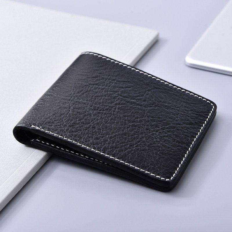 Tree paste thin black short clip/wallet/wallet - กระเป๋าสตางค์ - หนังแท้ สีดำ