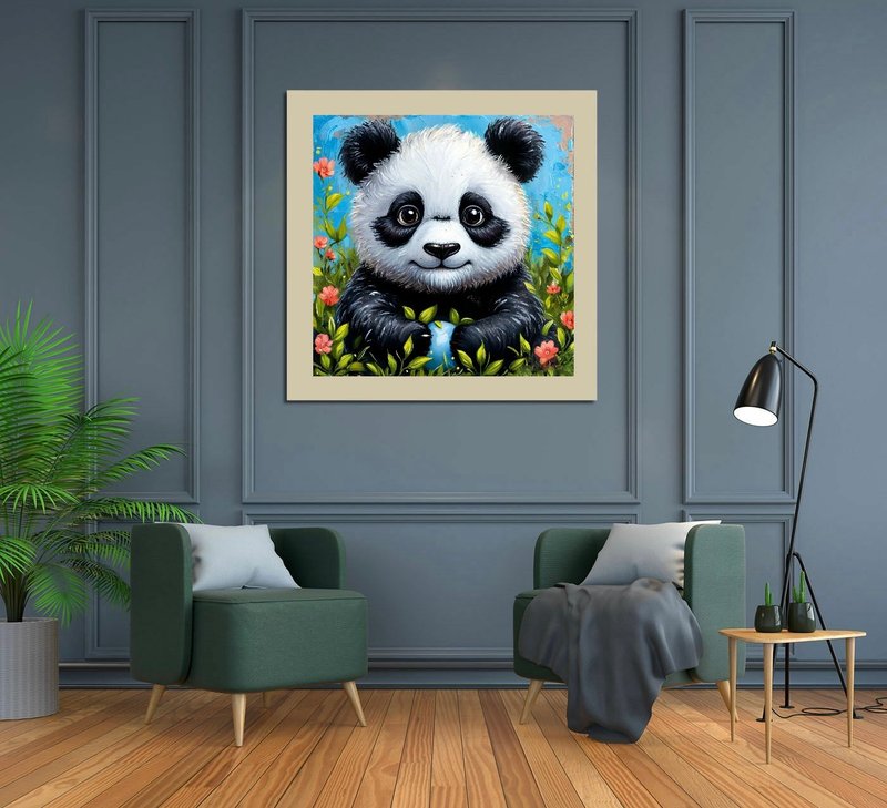 Cute Panda in leaves original painting, Panda animal wall art - โปสเตอร์ - ผ้าฝ้าย/ผ้าลินิน หลากหลายสี