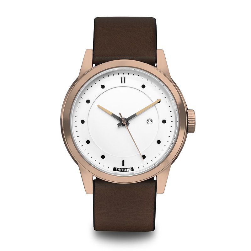 HYPERGRAND - Maverick 冷鋼系列 - 玫瑰金白錶盤棕皮革 手錶 - 男裝錶/中性錶 - 真皮 咖啡色