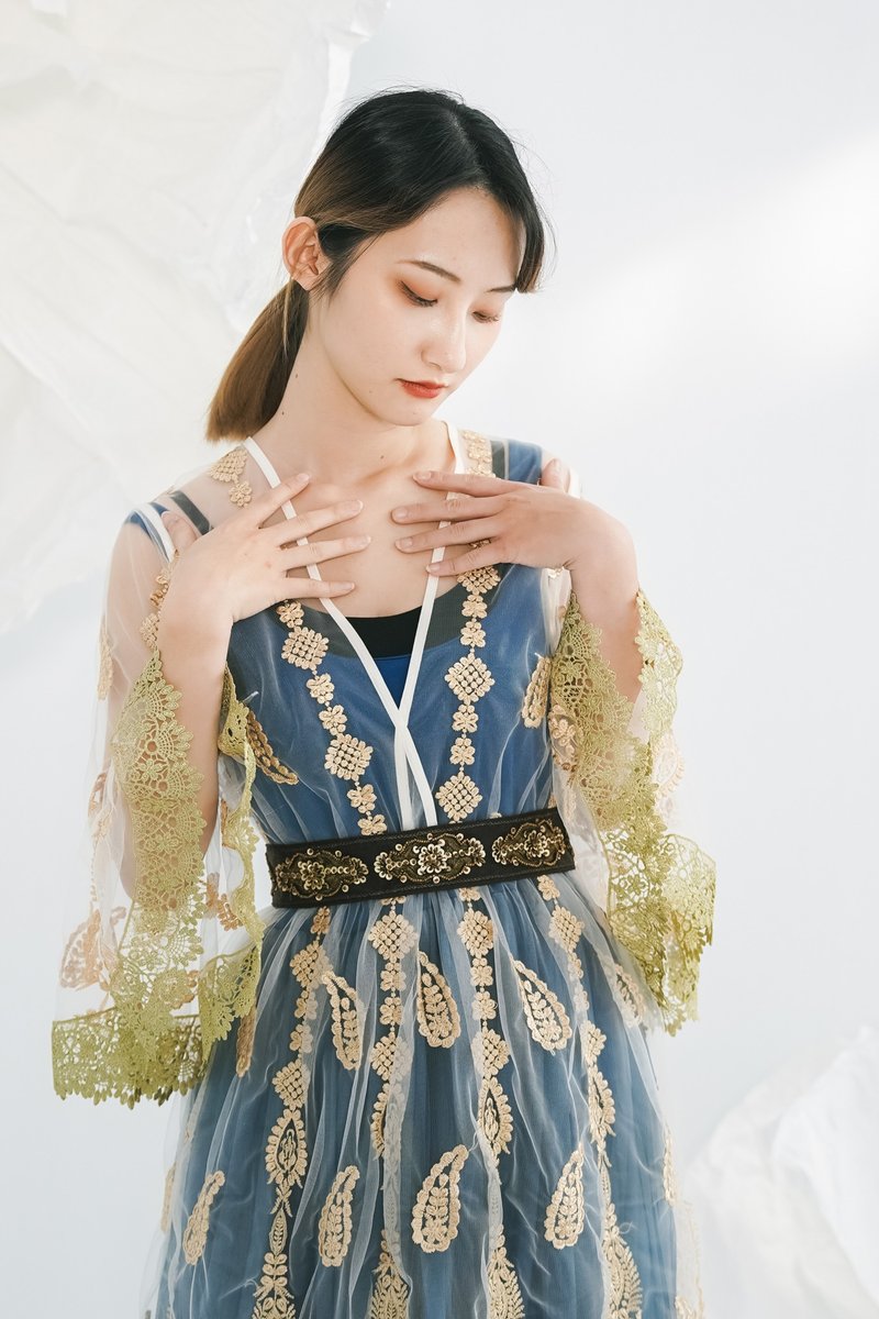 馬克的宮廷生存計畫  金色刺繡網紗內搭末代爾網紗洋裝  藍色 - 裙子/長裙 - 棉．麻 藍色