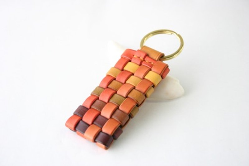 Hand-dyed leather style keychain, double ring type 19 - Keychains - Genuine Leather Orange