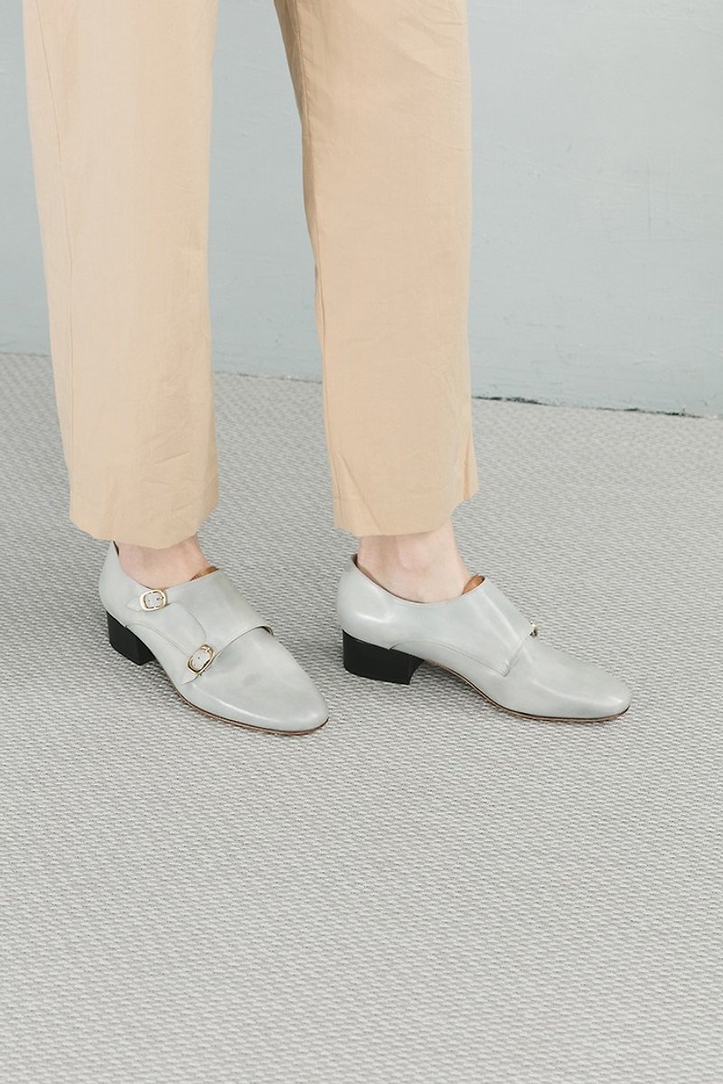 3.4cm モンクストラップヒール - フォギーホワイト - 革靴 - 革 ホワイト