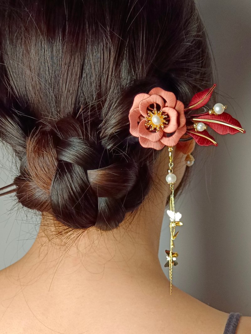 【Rose handmade silk flower ebony hairpin blue】costume Hanfu kimono bridal - Hair Accessories - Thread Multicolor