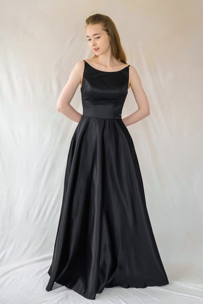 Black satin boat neck dress - Evening Dresses & Gowns - Other Materials Black