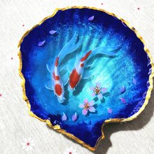 3Dレジンアート 金魚(錦鯉) 貝殻 絵画 星空③ 二匹 金