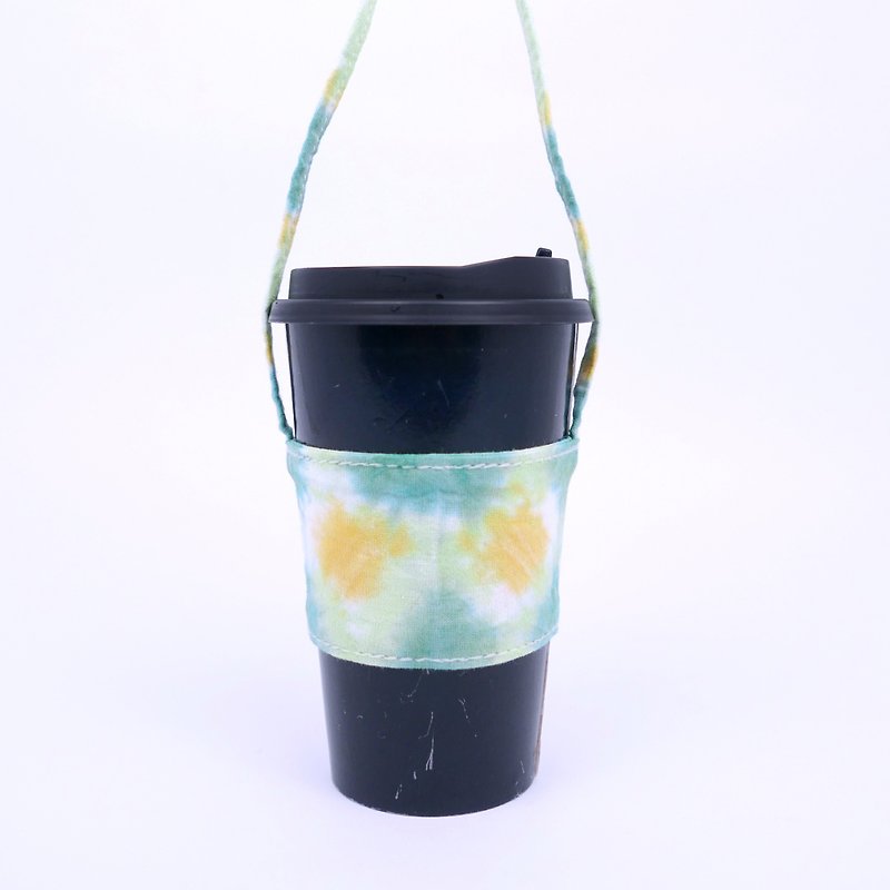 Handmade Tie dye Reusable Coffee Sleeve Xmas gifts - ถุงใส่กระติกนำ้ - ผ้าฝ้าย/ผ้าลินิน สีเขียว