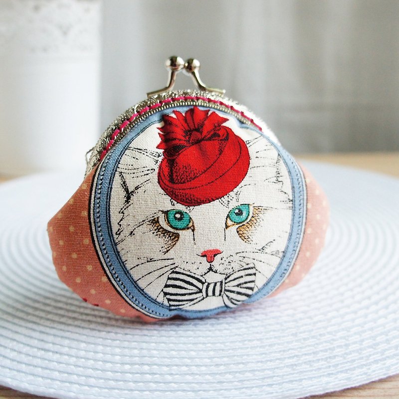 Lovely noble cat with hat and gold coin purse, pink bottom - กระเป๋าใส่เหรียญ - ผ้าฝ้าย/ผ้าลินิน สึชมพู