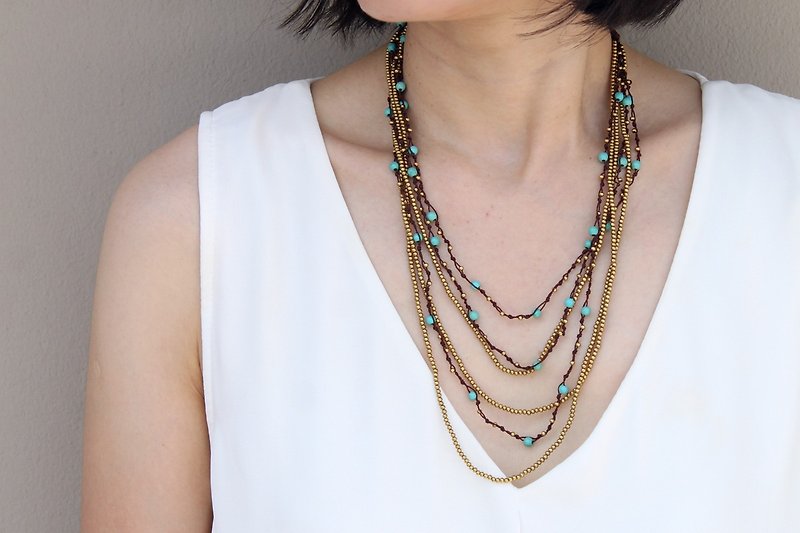 Turquoise Layered Six Strand Woven Necklace - Necklaces - Stone Green