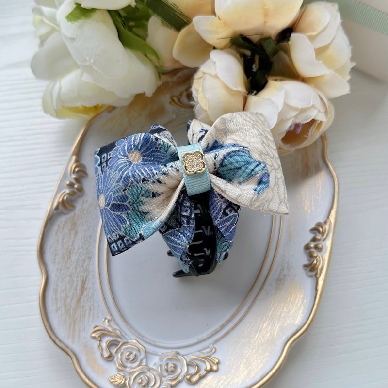 American brand cotton bow clip hairpin hair accessories-Japanese style hot stamped blue flower - เครื่องประดับผม - ผ้าฝ้าย/ผ้าลินิน สีน้ำเงิน