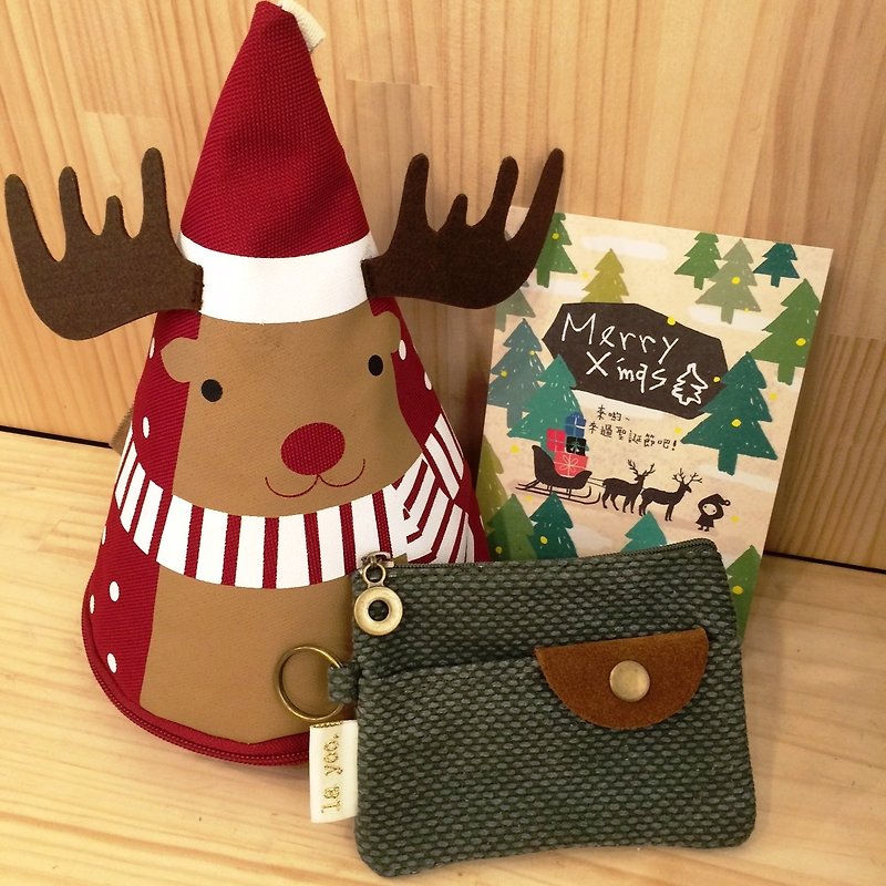 layoo 來喲│聖誕禮物 耶誕麋鹿防水提袋+[口袋包]三用 卡夾 零錢包 鑰匙圈-帆布 水洗圓點綠 - 散紙包 - 棉．麻 綠色