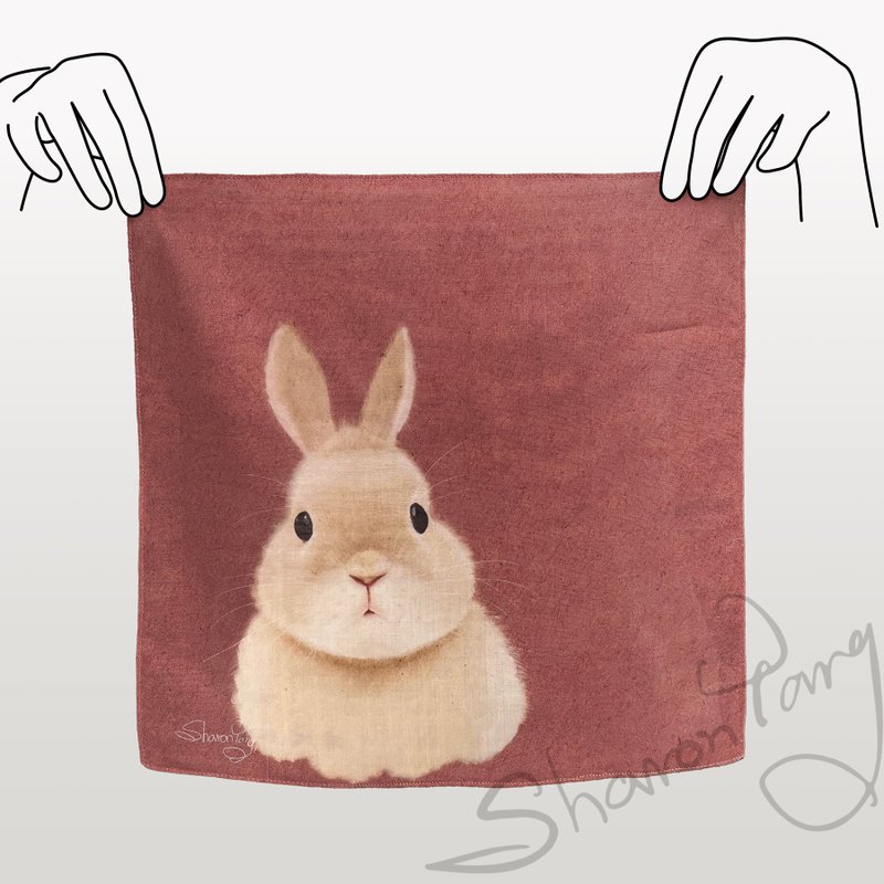 Original Illustrated Bunny Design - Cotton Handkerchief in Red and Blue - ผ้าเช็ดหน้า - ผ้าฝ้าย/ผ้าลินิน 