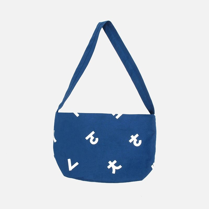 Phonetic symbol 绢 printed canvas side backpack - sea blue - กระเป๋าแมสเซนเจอร์ - ผ้าฝ้าย/ผ้าลินิน สีน้ำเงิน