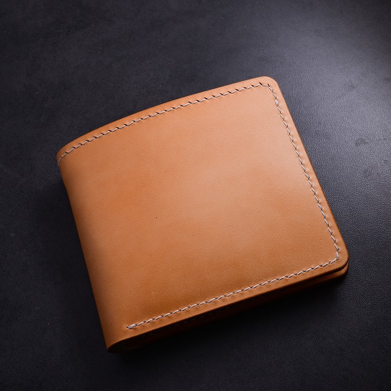 Can hand-made handmade two-fold horizontal wallet, Japanese vegetable tanned leather short wealth cloth, minimalist cowhide wallet - กระเป๋าสตางค์ - หนังแท้ สีส้ม