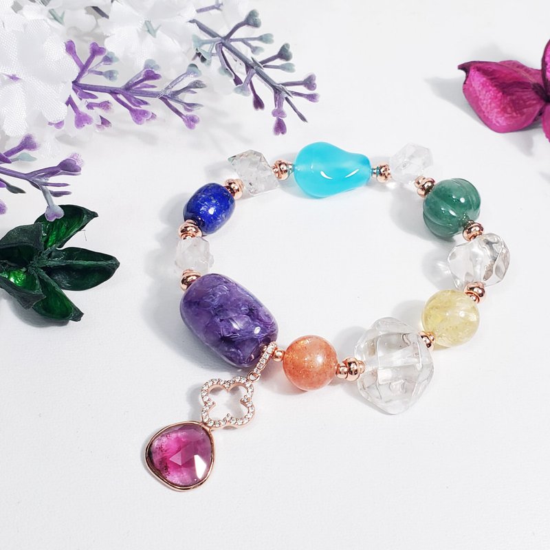 天然寶石 多寶釧 碧璽 閃靈鑽 紫龍晶 彩虹 智慧 手鍊 單品 禮物 - 手鍊/手環 - 寶石 多色