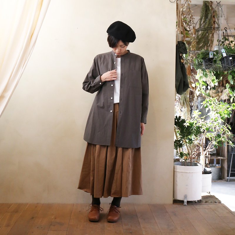 Band Color Long Shirt CG 【Charcoal Gray】 - ชุดเดรส - ผ้าฝ้าย/ผ้าลินิน สีเทา