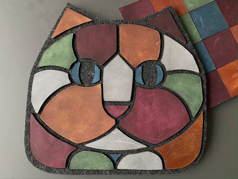 cat mosaic leather mat; mosaic desk blotter; leather pad; jewerly mat; placemat - Other - Genuine Leather Multicolor