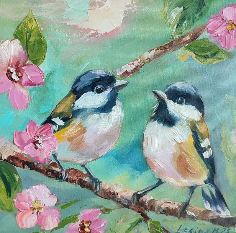 Tits oil paint Oil Painting Bird Small Art Bird Artwork Flower Painting Bird Art - 壁貼/牆壁裝飾 - 其他材質 綠色