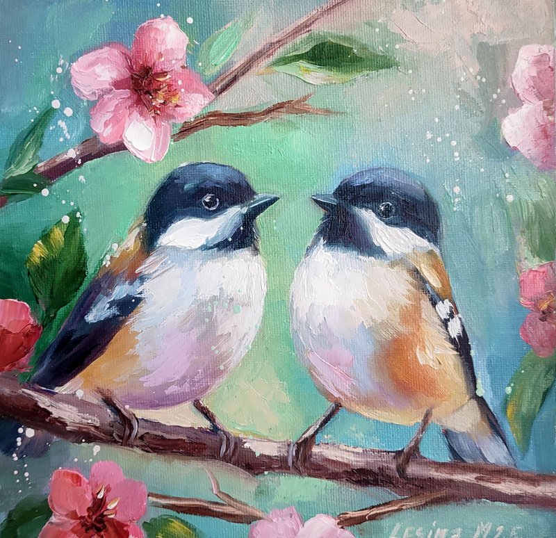 シジュウカラ 油絵 絵画 鳥 小さなアート バードアート フラワーペインティング バードアート - ウォールデコ・壁紙 - その他の素材 グリーン