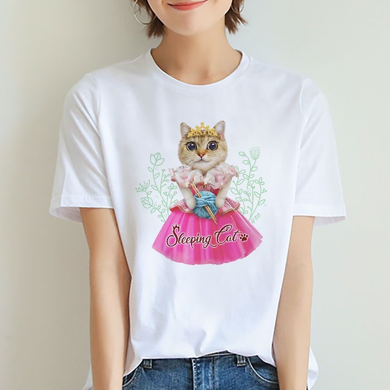 Cat Princess Sleeping Cat Short Sleeve Cotton T-Shirt - White - Women's T-Shirts - Cotton & Hemp White