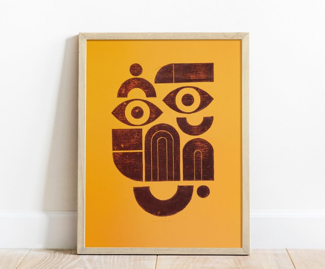 Linocut print Yellow and brown abstract bauhaus face wall art Original  artwork - Shop daashart Posters - Pinkoi