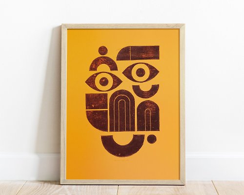 daashart Linocut print Yellow and brown abstract bauhaus face wall art Original artwork
