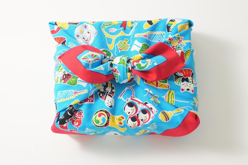 【預購】京都mashu手工製風呂敷 – 京都玩具 / 二巾 日本製 純棉 - 絲巾 - 棉．麻 藍色