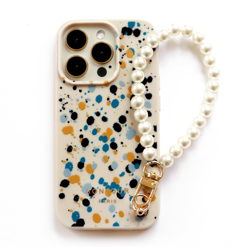 iPhone16/15/14/13/12 French cream dot phone case (with pearl wrist strap) - เคส/ซองมือถือ - พลาสติก หลากหลายสี