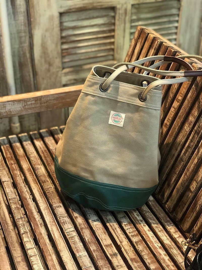 Khaki/Green Canvas 2way Bucket Bag w/ Strap Leather Handles. - Handbags & Totes - Cotton & Hemp Khaki