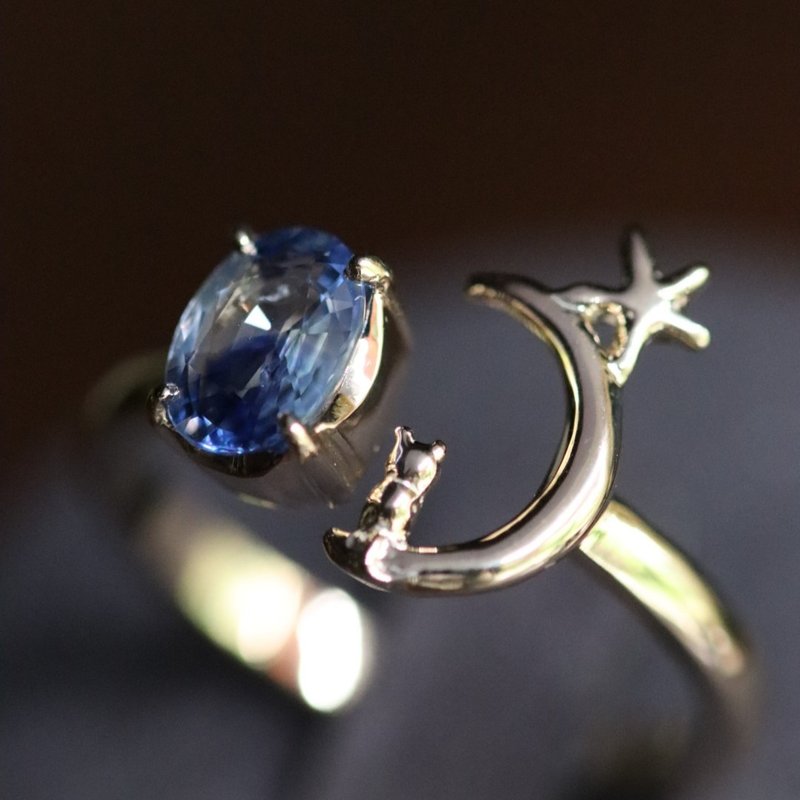 K10バイカラーサファイアと星月猫のゴールドリング - 戒指 - 貴金屬 金色