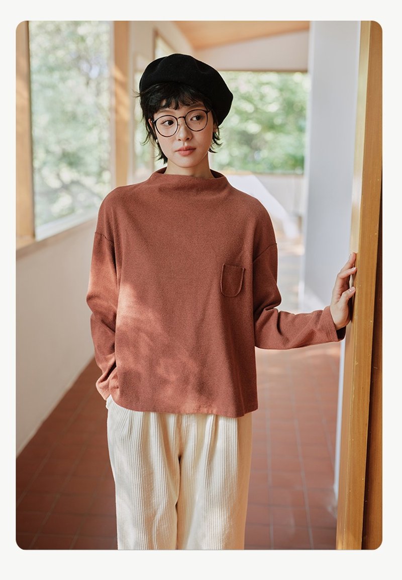 Reddish brown half turtleneck design thin bottoming shirt long sleeves - Women's Tops - Cotton & Hemp Multicolor